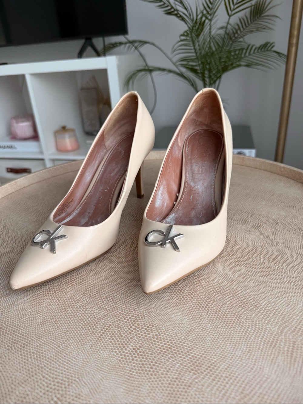 Calvin Klein Nude Pointed-Toe Logo Stiletto Pumps